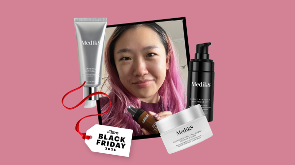 Image contains a photo of an Allure editor surrounded by Medik8 products on a pink background