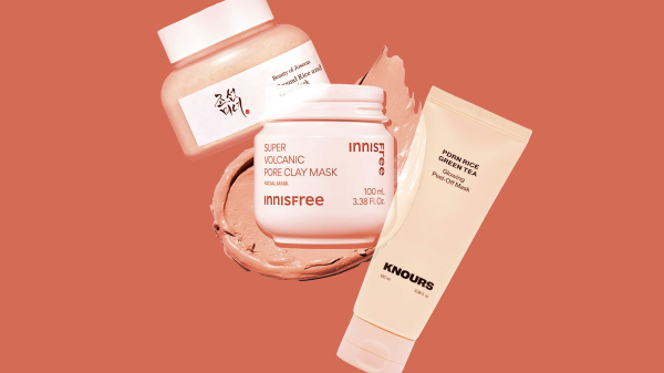 Image contains a collage of Korean face masks on a redorange background